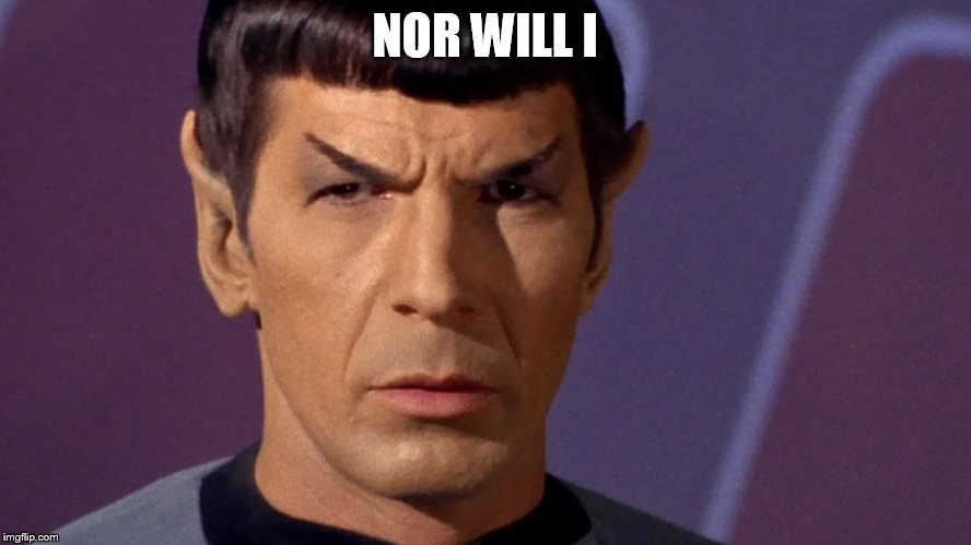Spock Is Serious | NOR WILL I | image tagged in spock is serious | made w/ Imgflip meme maker