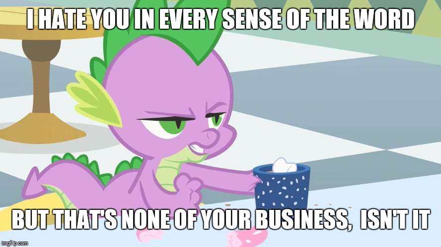 spike's coffee | I HATE YOU IN EVERY SENSE OF THE WORD; BUT THAT'S NONE OF YOUR BUSINESS,  ISN'T IT | image tagged in spike's coffee | made w/ Imgflip meme maker