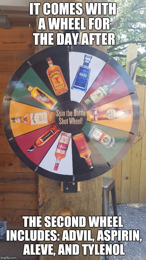 I feel like I have a few friends evil enough to make me play this. | IT COMES WITH A WHEEL FOR THE DAY AFTER; THE SECOND WHEEL INCLUDES: ADVIL, ASPIRIN, ALEVE, AND TYLENOL | image tagged in memes,hangover | made w/ Imgflip meme maker