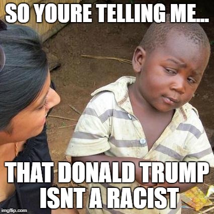 Third World Skeptical Kid Meme | SO YOURE TELLING ME... THAT DONALD TRUMP ISNT A RACIST | image tagged in memes,third world skeptical kid | made w/ Imgflip meme maker