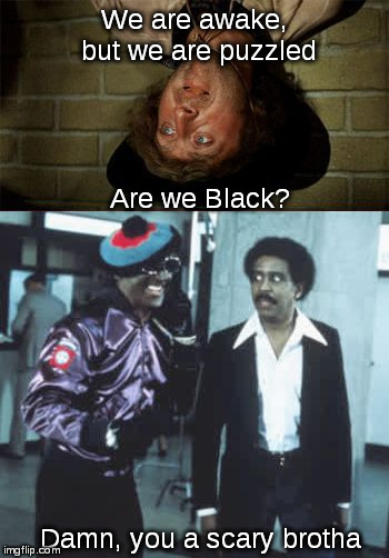 Few besides Gene Wilder could make this happen, and make you laugh. | We are awake, but we are puzzled; Are we Black? Damn, you a scary brotha | image tagged in rip gene wilder,gene wilder rip,gene wilder,richard pryor | made w/ Imgflip meme maker