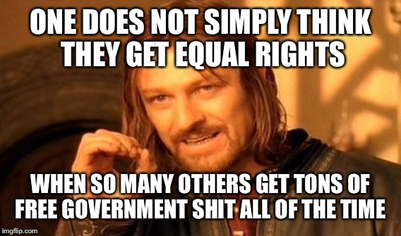 One Does Not Simply Meme | ONE DOES NOT SIMPLY THINK THEY GET EQUAL RIGHTS WHEN SO MANY OTHERS GET TONS OF FREE GOVERNMENT SHIT ALL OF THE TIME | image tagged in memes,one does not simply | made w/ Imgflip meme maker