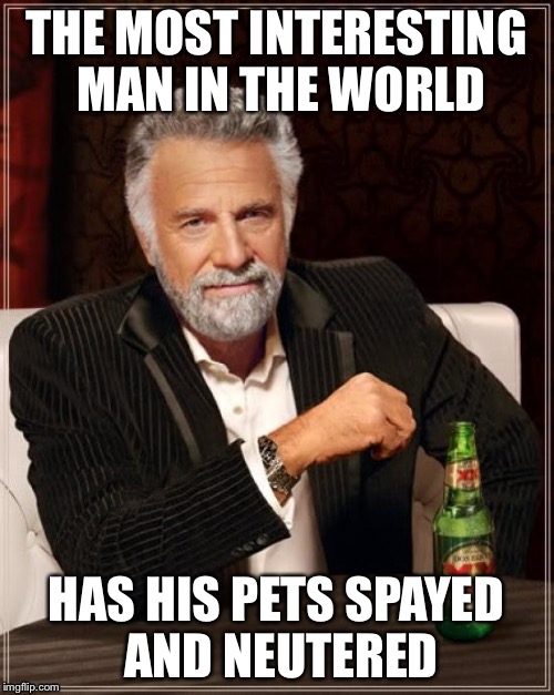 The Most Interesting Man In The World | THE MOST INTERESTING MAN IN THE WORLD; HAS HIS PETS SPAYED AND NEUTERED | image tagged in memes,the most interesting man in the world | made w/ Imgflip meme maker