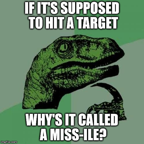 Philosoraptor Meme | IF IT'S SUPPOSED TO HIT A TARGET; WHY'S IT CALLED A MISS-ILE? | image tagged in memes,philosoraptor,funny | made w/ Imgflip meme maker