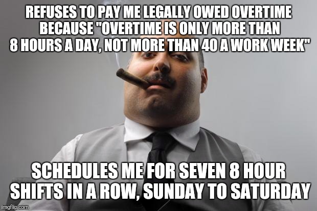 Scumbag Boss | REFUSES TO PAY ME LEGALLY OWED OVERTIME BECAUSE "OVERTIME IS ONLY MORE THAN 8 HOURS A DAY, NOT MORE THAN 40 A WORK WEEK"; SCHEDULES ME FOR SEVEN 8 HOUR SHIFTS IN A ROW, SUNDAY TO SATURDAY | image tagged in memes,scumbag boss,AdviceAnimals | made w/ Imgflip meme maker