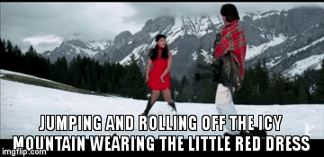 JUMPING AND ROLLING OFF THE ICY MOUNTAIN WEARING THE LITTLE RED DRESS | image tagged in gifs | made w/ Imgflip video-to-gif maker
