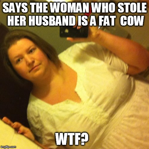 Delusion | SAYS THE WOMAN WHO STOLE HER HUSBAND IS A FAT 
COW; WTF? | image tagged in fat,cow | made w/ Imgflip meme maker
