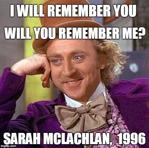 Meme Song of the Day | I WILL REMEMBER YOU; WILL YOU REMEMBER ME? SARAH MCLACHLAN,  1996 | image tagged in memes,creepy condescending wonka | made w/ Imgflip meme maker