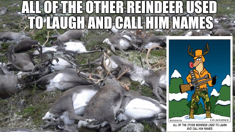 Rambo Rudolph  | ALL OF THE OTHER REINDEER USED TO LAUGH AND CALL HIM NAMES | image tagged in reindeer | made w/ Imgflip meme maker