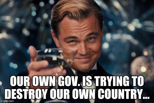 Leonardo Dicaprio Cheers Meme | OUR OWN GOV. IS TRYING TO DESTROY OUR OWN COUNTRY... | image tagged in memes,leonardo dicaprio cheers | made w/ Imgflip meme maker