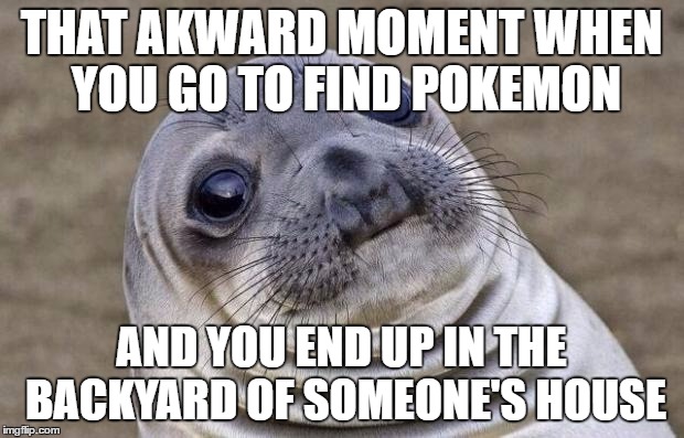 Awkward Moment Sealion | THAT AKWARD MOMENT WHEN YOU GO TO FIND POKEMON; AND YOU END UP IN THE BACKYARD OF SOMEONE'S HOUSE | image tagged in memes,awkward moment sealion | made w/ Imgflip meme maker