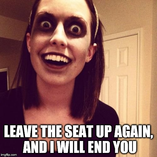 I think she's serious about this | LEAVE THE SEAT UP AGAIN, AND I WILL END YOU | image tagged in memes,zombie overly attached girlfriend | made w/ Imgflip meme maker