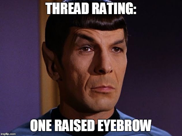 spock | THREAD RATING:; ONE RAISED EYEBROW | image tagged in spock | made w/ Imgflip meme maker