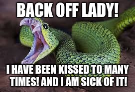 angry snake | BACK OFF LADY! I HAVE BEEN KISSED TO MANY TIMES! AND I AM SICK OF IT! | image tagged in funny,snakes | made w/ Imgflip meme maker