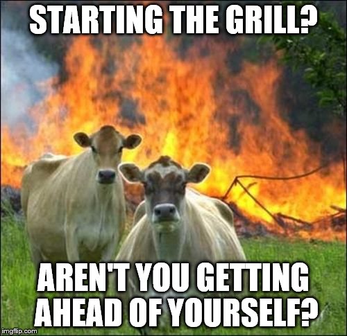 Evil Cows | STARTING THE GRILL? AREN'T YOU GETTING AHEAD OF YOURSELF? | image tagged in memes,evil cows | made w/ Imgflip meme maker