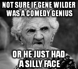confused old lady | NOT SURE IF GENE WILDER WAS A COMEDY GENIUS; OR HE JUST HAD A SILLY FACE | image tagged in confused old lady,memes,gene wilder | made w/ Imgflip meme maker