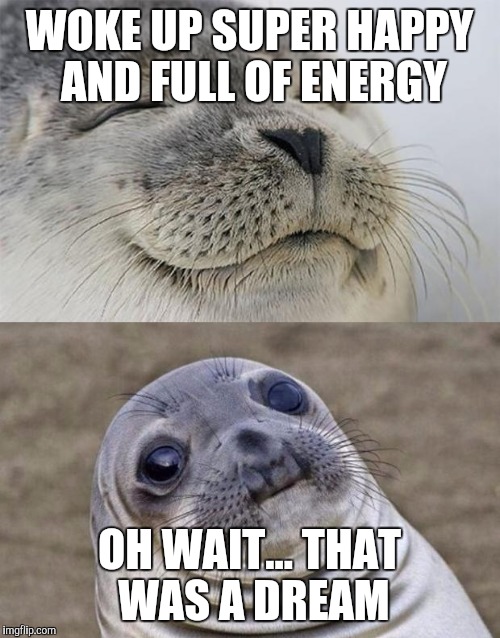 Every. Day. | WOKE UP SUPER HAPPY AND FULL OF ENERGY; OH WAIT... THAT WAS A DREAM | image tagged in memes,short satisfaction vs truth | made w/ Imgflip meme maker