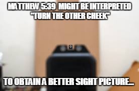 MATTHEW 5:39 
MIGHT BE INTERPRETED "TURN THE OTHER CHEEK"; TO OBTAIN A BETTER SIGHT PICTURE... | image tagged in firearms,training,humor,bible | made w/ Imgflip meme maker