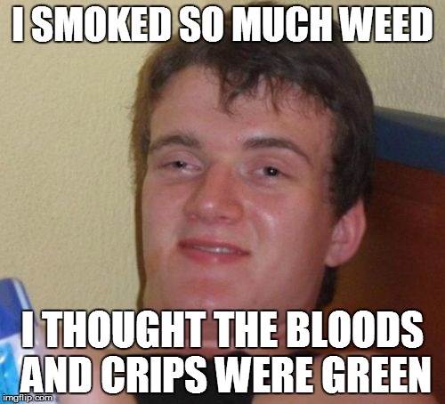 10 Guy | I SMOKED SO MUCH WEED; I THOUGHT THE BLOODS AND CRIPS WERE GREEN | image tagged in memes,10 guy | made w/ Imgflip meme maker