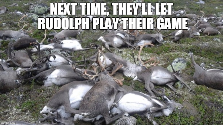 Reindeer killed by lightning | NEXT TIME, THEY'LL LET RUDOLPH PLAY THEIR GAME | image tagged in reindeer killed by lightning | made w/ Imgflip meme maker