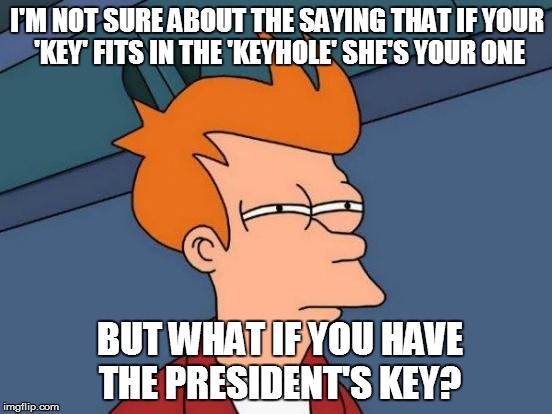 If the key fits in the keyhole! | I'M NOT SURE ABOUT THE SAYING THAT IF YOUR 'KEY' FITS IN THE 'KEYHOLE' SHE'S YOUR ONE; BUT WHAT IF YOU HAVE THE PRESIDENT'S KEY? | image tagged in memes,futurama fry,key,keyhole,innuendo | made w/ Imgflip meme maker