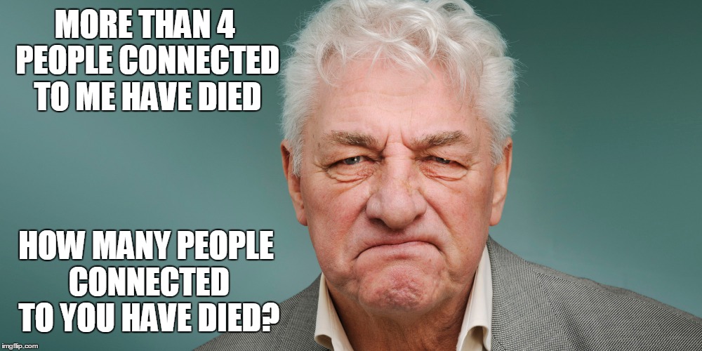 MORE THAN 4 PEOPLE CONNECTED TO ME HAVE DIED HOW MANY PEOPLE CONNECTED TO YOU HAVE DIED? | made w/ Imgflip meme maker