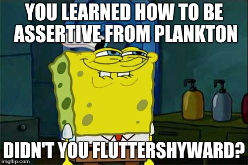 Don't You Squidward | YOU LEARNED HOW TO BE ASSERTIVE FROM PLANKTON; DIDN'T YOU FLUTTERSHYWARD? | image tagged in memes,dont you squidward | made w/ Imgflip meme maker