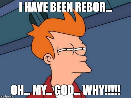 WHY!?!?!?!??!?! | I HAVE BEEN REBOR... OH... MY... GOD... WHY!!!!! | image tagged in memes,futurama fry | made w/ Imgflip meme maker