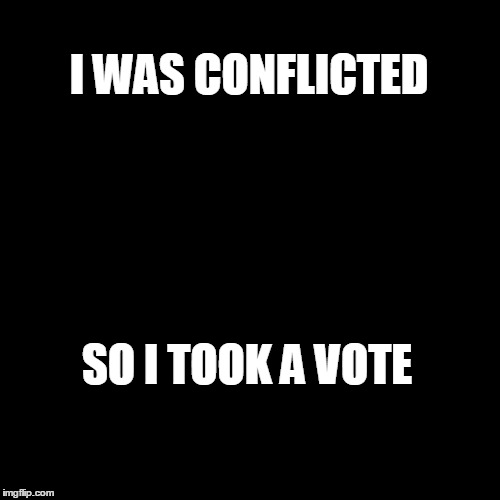 Conflicted | I WAS CONFLICTED; SO I TOOK A VOTE | image tagged in irony,nonsense,oneliner,surreal | made w/ Imgflip meme maker