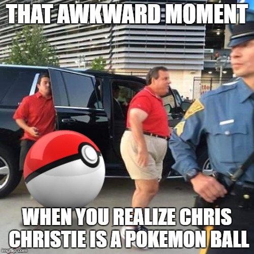 Chris Christie Pokemon Go Ball |  THAT AWKWARD MOMENT; WHEN YOU REALIZE CHRIS CHRISTIE IS A POKEMON BALL | image tagged in chris christie,pokemon go,politicians,political meme | made w/ Imgflip meme maker