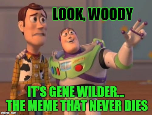 The Look On His Face Says It All | LOOK, WOODY; IT'S GENE WILDER... THE MEME THAT NEVER DIES | image tagged in memes,x x everywhere | made w/ Imgflip meme maker