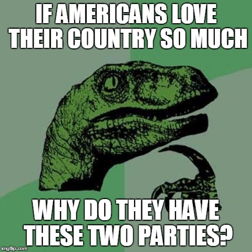 Philosoraptor | IF AMERICANS LOVE THEIR COUNTRY SO MUCH; WHY DO THEY HAVE THESE TWO PARTIES? | image tagged in memes,philosoraptor | made w/ Imgflip meme maker