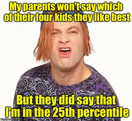 Life is bliss when you're too dumb to know when you've been insulted | My parents won't say which of their four kids they like best; But they did say that I'm in the 25th percentile | image tagged in kevin the teenager | made w/ Imgflip meme maker