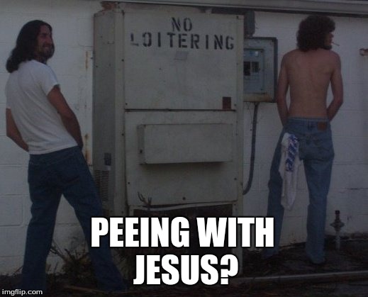 Peeing with Jesus | PEEING WITH JESUS? | image tagged in metal jesus,smiling jesus,beer,peeing,drinking,buddy christ | made w/ Imgflip meme maker