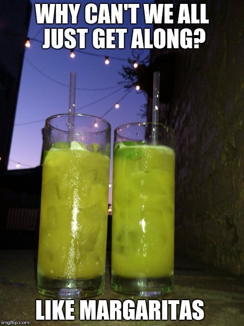 Like Margaritas | WHY CAN'T WE ALL JUST GET ALONG? LIKE MARGARITAS | image tagged in margarita,peace,friends,friendship,drinking,alcohol | made w/ Imgflip meme maker
