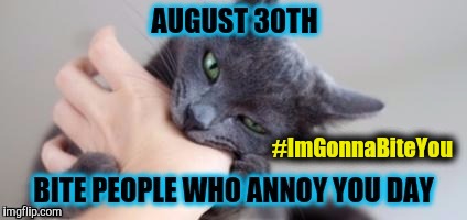 August 30th: Bite People Who Annoy You Day - Bitey Cat - #ImGonnaBiteYou | #ImGonnaBiteYou | image tagged in 8/30 bite people who annoy you day cat,nom nom nom,funny cats,holidays,bite,sneak attack | made w/ Imgflip meme maker