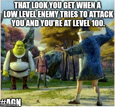 That Look When... | THAT LOOK YOU GET WHEN A LOW LEVEL ENEMY TRIES TO ATTACK YOU AND YOU'RE AT LEVEL 100. #AGN | image tagged in pvp,rpg,enemies,shrek,that look | made w/ Imgflip meme maker