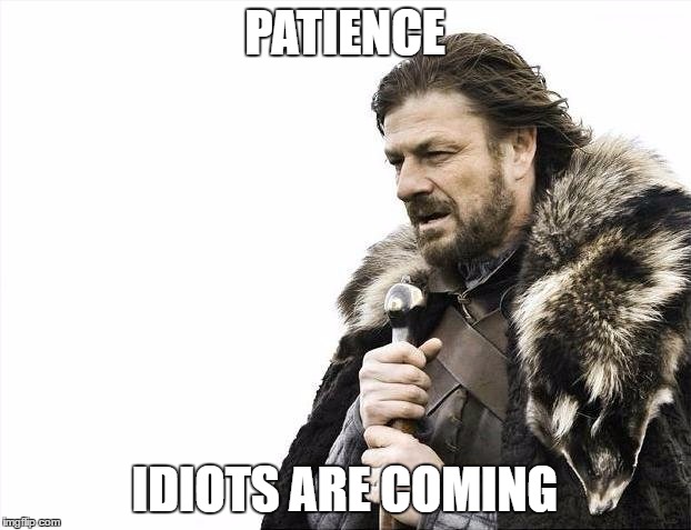 Brace Yourselves X is Coming Meme | PATIENCE; IDIOTS ARE COMING | image tagged in memes,brace yourselves x is coming | made w/ Imgflip meme maker