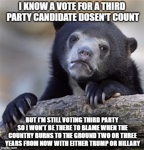 Confession Bear Meme | I KNOW A VOTE FOR A THIRD PARTY CANDIDATE DOSEN'T COUNT; BUT I'M STILL VOTING THIRD PARTY SO I WON'T BE THERE TO BLAME WHEN THE COUNTRY BURNS TO THE GROUND TWO OR THREE YEARS FROM NOW WITH EITHER TRUMP OR HILLARY | image tagged in memes,confession bear,donald trump,hillary clinton,third party candidates | made w/ Imgflip meme maker