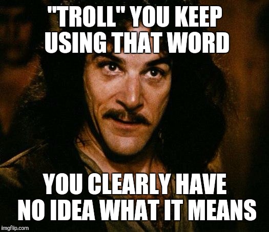 Inigo Montoya | "TROLL" YOU KEEP USING THAT WORD; YOU CLEARLY HAVE NO IDEA WHAT IT MEANS | image tagged in memes,inigo montoya | made w/ Imgflip meme maker
