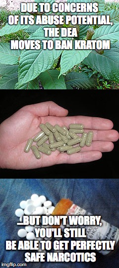 DUE TO CONCERNS OF ITS ABUSE POTENTIAL, THE DEA MOVES TO BAN KRATOM; ...BUT DON'T WORRY, YOU'LL STILL BE ABLE TO GET PERFECTLY SAFE NARCOTICS | made w/ Imgflip meme maker