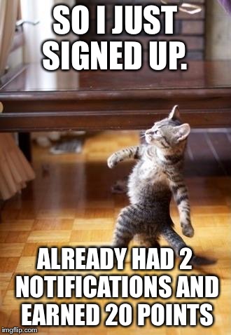 Cool Cat Stroll Meme | SO I JUST SIGNED UP. ALREADY HAD 2 NOTIFICATIONS AND EARNED 20 POINTS | image tagged in memes,cool cat stroll | made w/ Imgflip meme maker