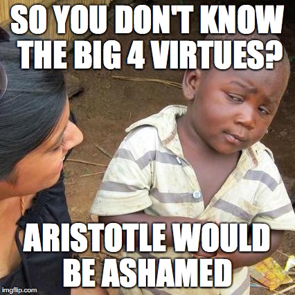 Third World Skeptical Kid Meme | SO YOU DON'T KNOW THE BIG 4 VIRTUES? ARISTOTLE WOULD BE ASHAMED | image tagged in memes,third world skeptical kid | made w/ Imgflip meme maker