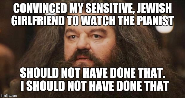 Hagrid | CONVINCED MY SENSITIVE, JEWISH GIRLFRIEND TO WATCH THE PIANIST; SHOULD NOT HAVE DONE THAT. 
I SHOULD NOT HAVE DONE THAT | image tagged in hagrid,AdviceAnimals | made w/ Imgflip meme maker