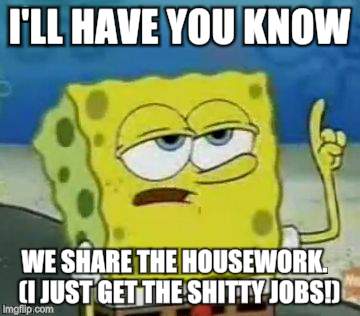 I'll Have You Know Spongebob | I'LL HAVE YOU KNOW; WE SHARE THE HOUSEWORK.   (I JUST GET THE SHITTY JOBS!) | image tagged in memes,ill have you know spongebob | made w/ Imgflip meme maker