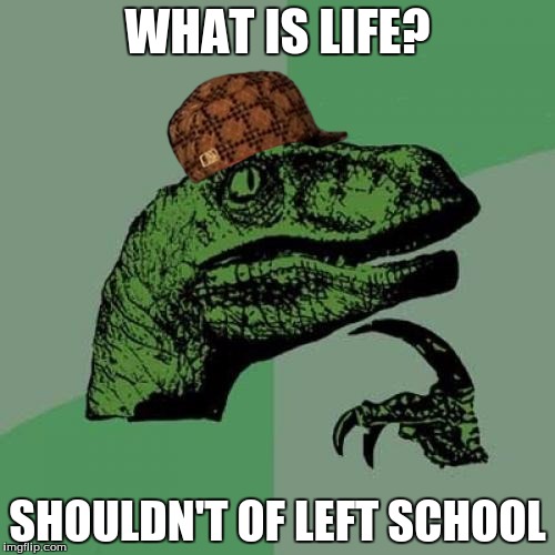 Philosoraptor Meme | WHAT IS LIFE? SHOULDN'T OF LEFT SCHOOL | image tagged in memes,philosoraptor,scumbag | made w/ Imgflip meme maker