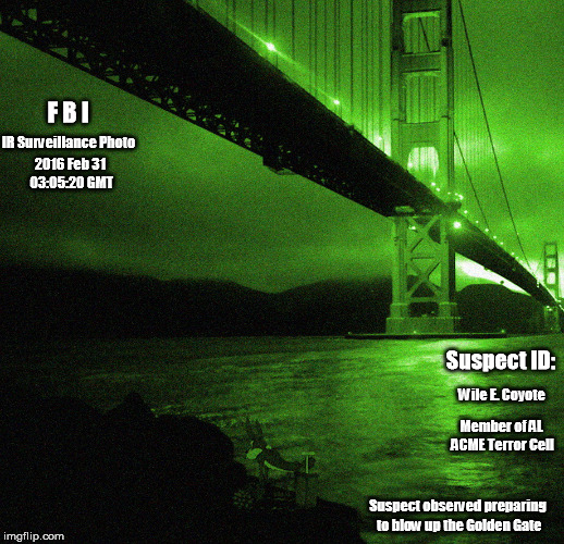 F B I; IR Surveillance Photo; 2016 Feb 31 03:05:20 GMT; Suspect ID:; Wile E. Coyote; Member of AL ACME Terror Cell; Suspect observed preparing to blow up the Golden Gate | image tagged in al acme terror suspect | made w/ Imgflip meme maker