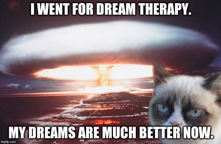 I WENT FOR DREAM THERAPY. MY DREAMS ARE MUCH BETTER NOW. | image tagged in grumpy's dream | made w/ Imgflip meme maker
