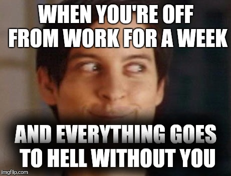 Spiderman Peter Parker Meme | WHEN YOU'RE OFF FROM WORK FOR A WEEK; AND EVERYTHING GOES TO HELL WITHOUT YOU | image tagged in memes,spiderman peter parker | made w/ Imgflip meme maker