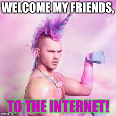 Unicorn MAN | WELCOME MY FRIENDS, TO THE INTERNET! | image tagged in memes,unicorn man | made w/ Imgflip meme maker